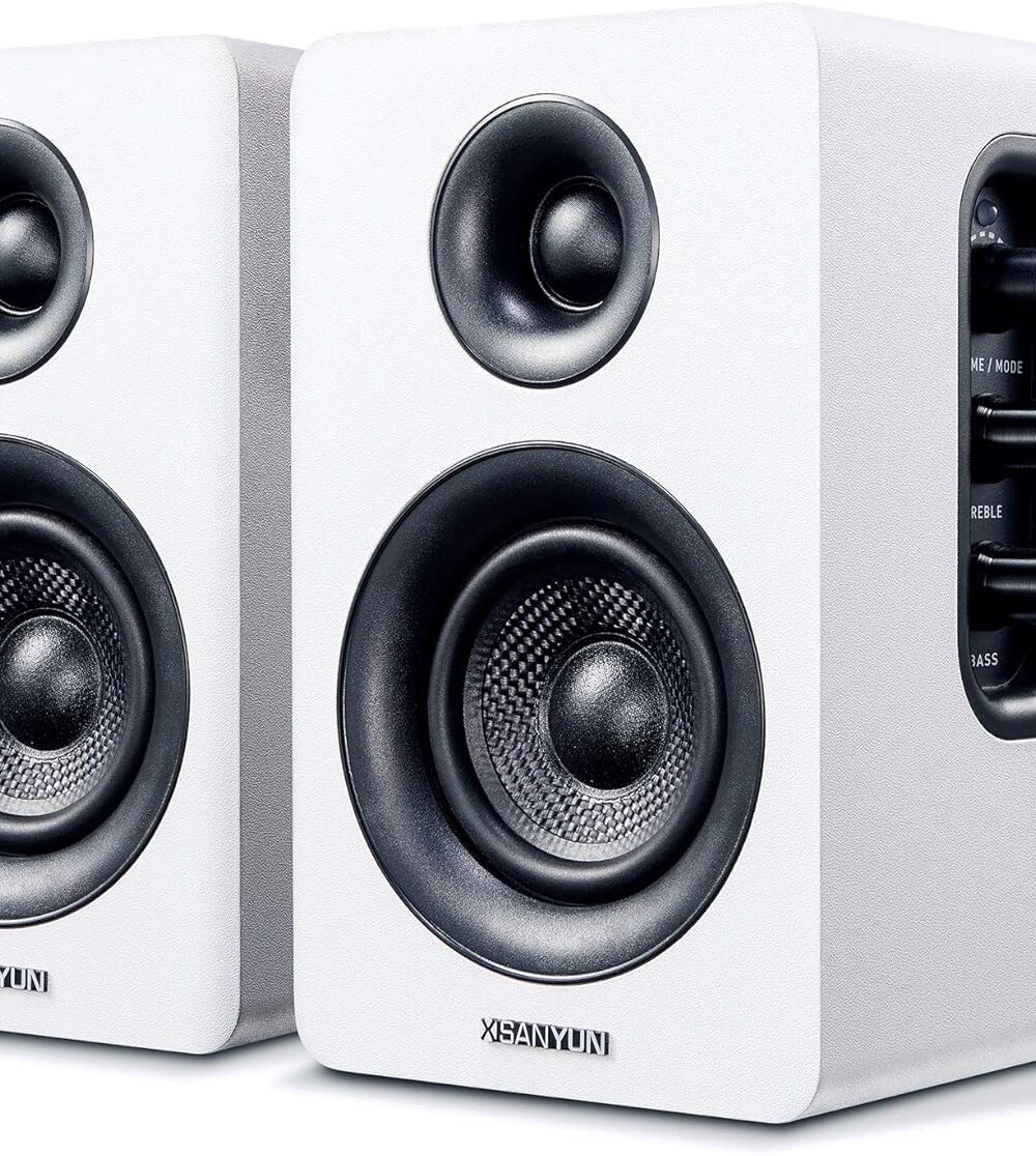 Sanyun SW208 3" Active Bluetooth 5.0 Bookshelf Speakers, Built-in 24bit DAC | 60W Carbon Fiber Speaker, USB and 3.5mm AUX Input, Dynamic 3D Surround Sound, 2.0 Computer PC Monitor Gaming (Pair, White)